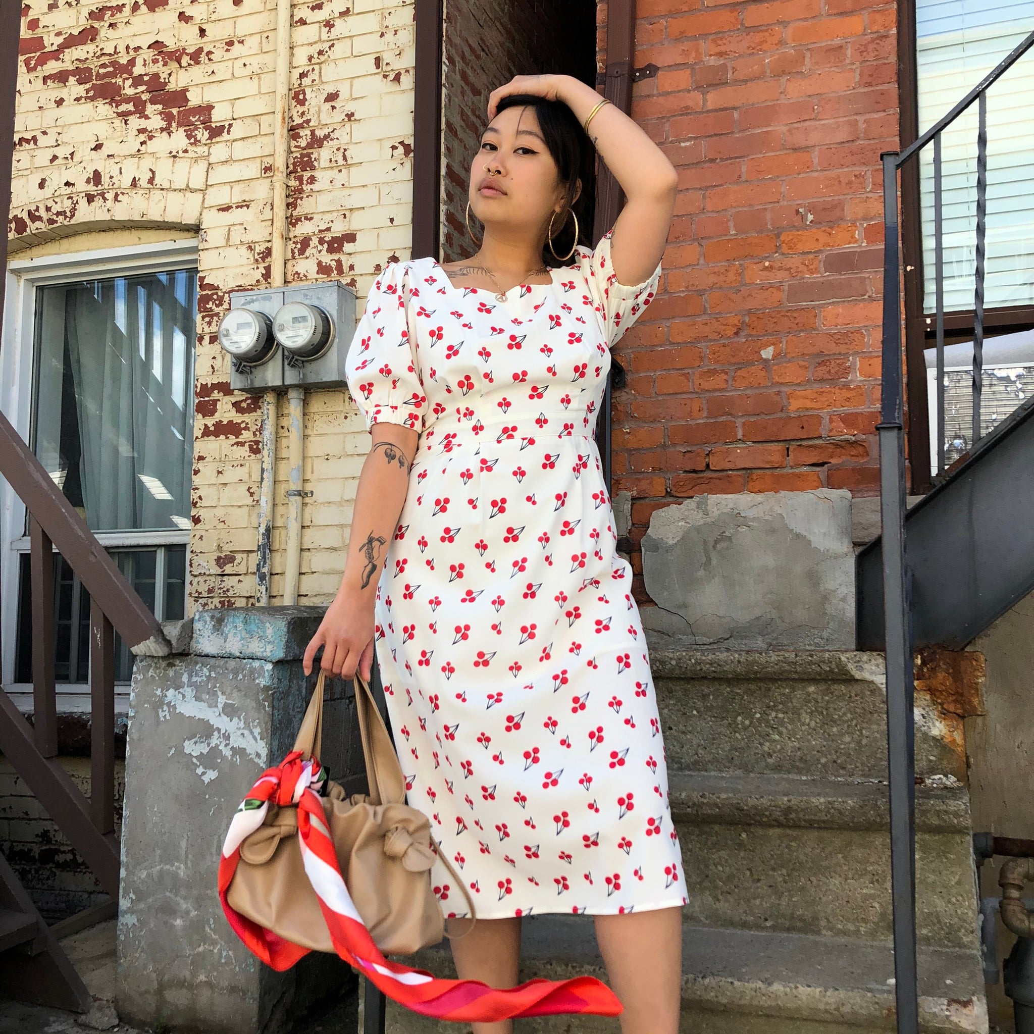 White dress with cherry shops print